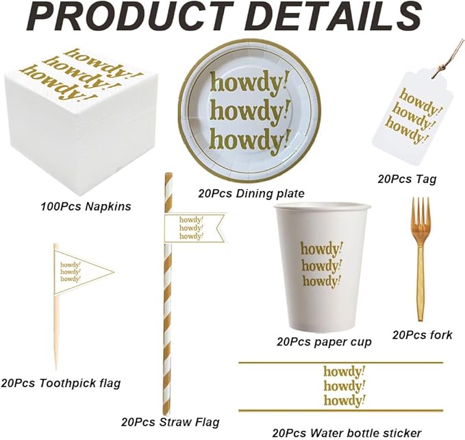 SharkBliss Howdy Party Supplies 240 PCS – Paper Cocktail Napkins Party Cups Water Bottle Labels Toothpick Flags Drinking Straws Gift Tags Forks Plates for Western Cowgirl Rodeo Bachelor Bridal Shower