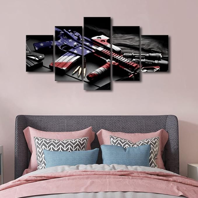 TISHIRON Large Family Decor Wall Art American Gun Set Canvas Painting Posters Wall Decor 5 Piece USA Flag Prints on Cool Gun Modern Art Wall Decor for Living Room Office Framed Ready to Hang 60x32 in