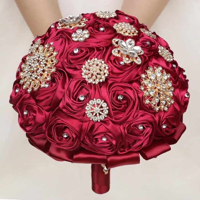 Dark Red Handmade Wedding Bridal Bouquet with Luxury Gold Rhinestone Brooch Satin Rose Flower Bouquet for Bride Bridesmaid Quinceanera Wedding Bouquet Dark Red 7.5in