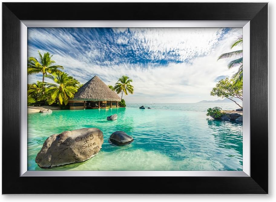 IPIC - "Tropical Memories Personalized Framed Wall Art, Custom Beach Canvas Print with Name and Date on Rock, A Personalized Gift for Couple, Wedding, or Anniversary, Coastal Home Decor