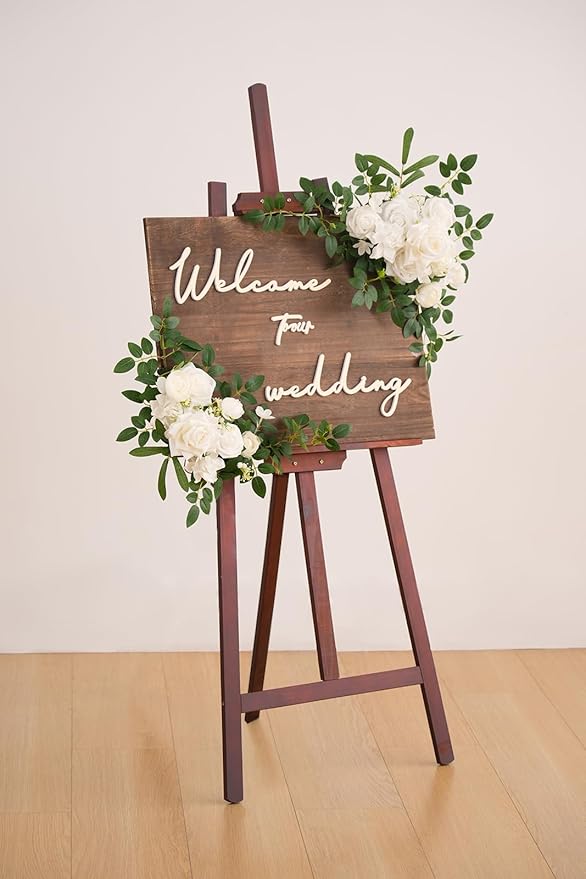 2pcs White & Green Deluxe Welcome Sign Artificial Flowers Wedding Backdrop Garland Hanging Floral Arrangements for Ceremony Reception Entryway Board Sweetheart Table