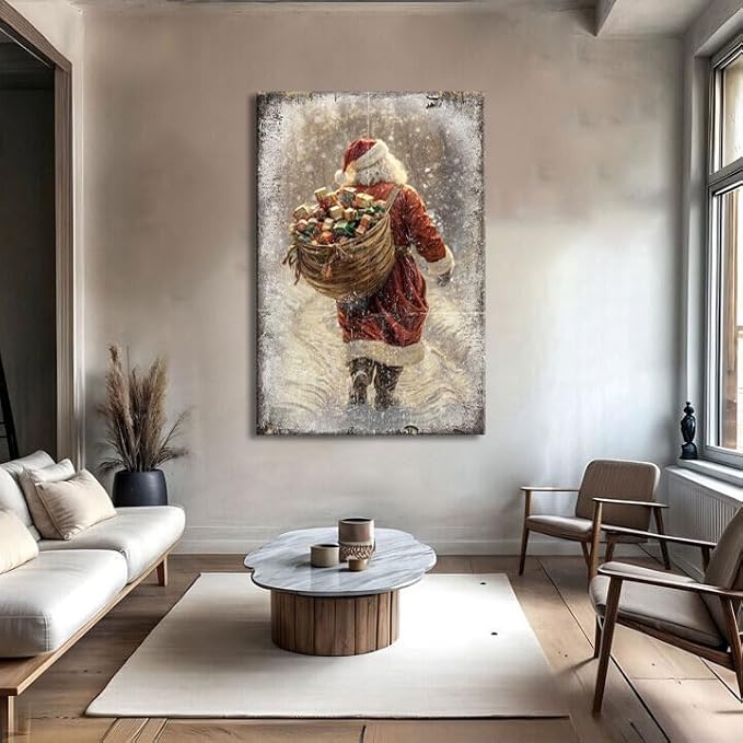 TAILORED CANVASES Vintage Santa Claus Christmas Wall Decor, Rustic Farmhouse Holiday Canvas Featuring Classic Snow Scene, Unique Art Print for Home Living Room Christmas Decoration 12x18