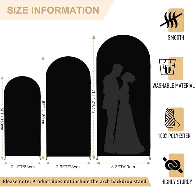 Spandex Arch Backdrop Cover Set of 3 Black Wedding Arch Stand Cover 5FT 6FT 7FT for Arched Frame Decor 2 Sided Arch Stand Covers Backdrop Fabric Round Top Arched Covers for Wedding Ceremony