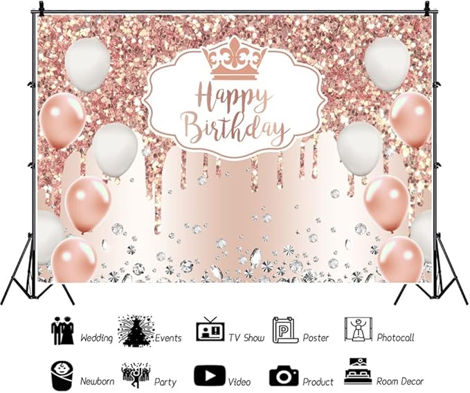 OERJU Rose Gold Birthday Backdrop Pink Glitter Sequin Diamonds Happy Birthday Backdrop for Women Girls Sweet 16 18th 21st 30th Birthday Party Decorations Background Cake Table Banner 10x7ft