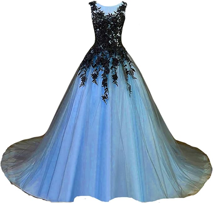 Kivary Gothic Gray Tulle Long Black Lace Sheer Bateau Prom Wedding Dresses