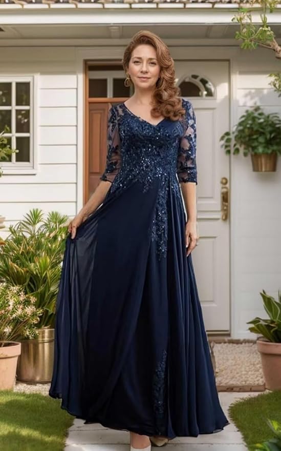 Long Sleeve Mother of The Bride Dress for Wedding Chiffon Lace Applique Formal Gowns BOF163