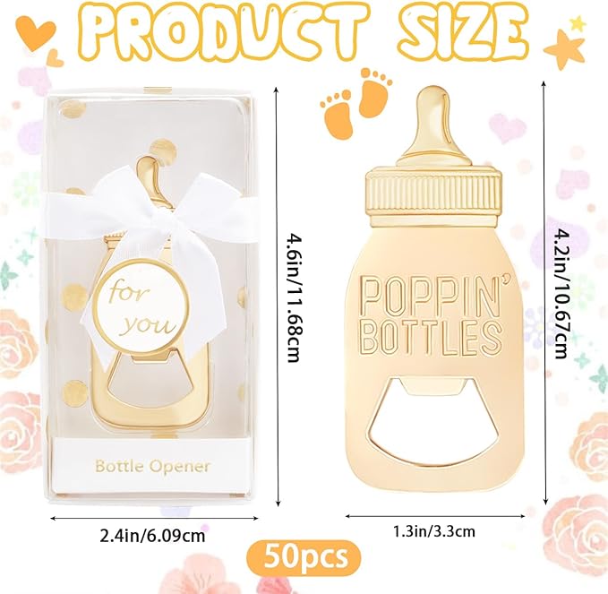 50 PCS Golden Baby Bottle Openers for Baby Shower Favors Gifts,Poppin Bottle Baby Shower,Bottle Opener for Guests Gender Reveal Party Favors Souvenirs Decorations