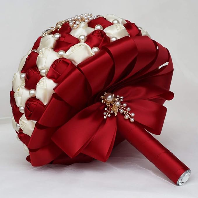 Handmade Wedding Bride Bridesmaid Bridal Bouquet Rose Holding Toss Artificial Flowers Bouquets with Satin Ribbon Pearls Rhinestone for Wedding Celebration Valentine’s Day Parties Bouquet Decor