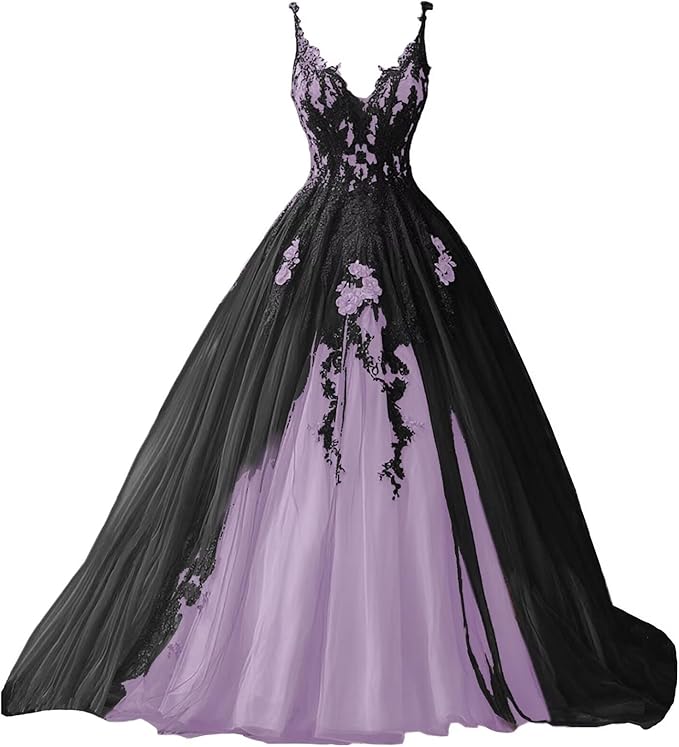 TRHTX Spaghetti Straps Wedding Dresses for Bride Layered Tulle Gothic Black Bridal Gowns Lace Applique Wedding Gowns