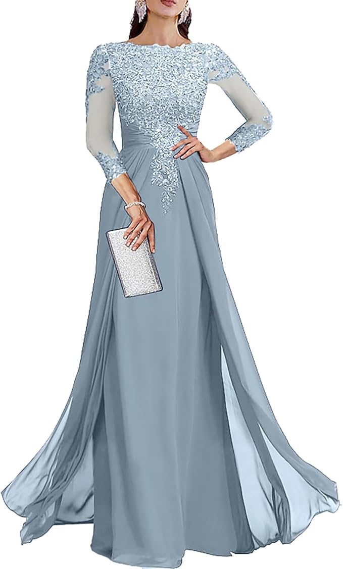 Long Sleeve Mother of The Bride Dresses for Wedding Lace Appliques Chiffon Formal Dress He6052