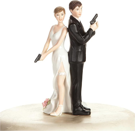Wedding Collectibles Super Sexy Spy Guns Wedding Cake Topper with Bride and Groom | Fun, Sexy, Humorous Figurine | Fine Porcelain | 5.5 Inches