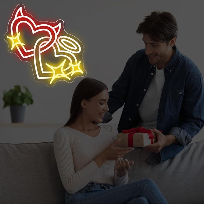 Angel and Devil Heart Neon Sign - 5-Level Dimmable USB Valentine's Day Decor & Heart Neon Signs, Ideal for Weddings, Parties, Shop Walls, Cute Bedroom Wall Art