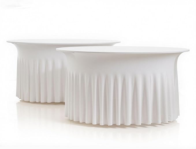 2 Pack Ivory Spandex Round Tablecloths for 60 inch Tables, Wrinkle Free Stretchy Fitted 120inch Round Table Covers 5FT with Ruffle Table Skirt for Wedding Party Dining Banquet Dinning