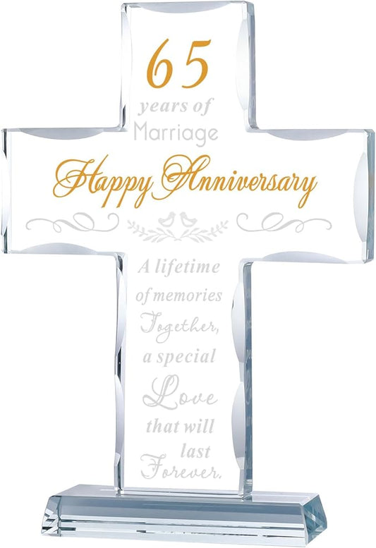YWHL 65th Wedding Anniversary Cross Gifts for Parents Grandparents, 65th Anniversary Party Decoration, 65 Years of Marriage Glass Cross Keepsake for Couple