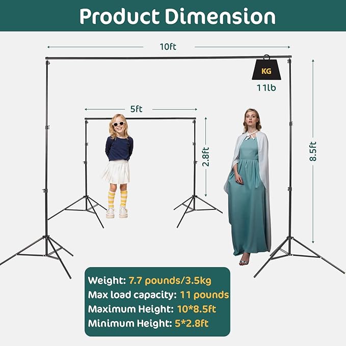 Kate Photo Backdrop Stand 10x8.5ft Adjustable Background Stand Kit for Photography (Indoor/Outdoor) and Party Decorations, Maximum Load 5kg/11lb