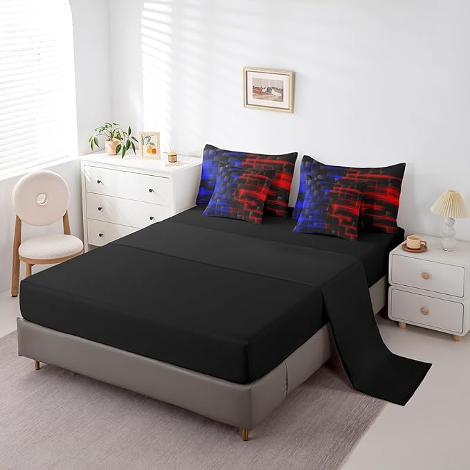 Feelyou Red and Blue Comforter Set with Sheets 7 Piece King Size Geometric Bed in a Bag Strip Lines Bedding Set Abstract Art Bed Set with Comforter, Sheets,Pillowcases,Cushion Covers