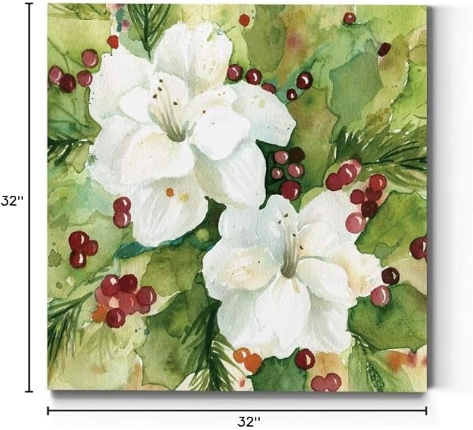 Renditions Gallery Holly Leaves Wall Art, Christmas & Winter Artwork, Festive Red & Green, Flowers, Floral, Premium Gallery Wrapped Canvas Decor, Ready to Hang, 32 in H x 32 in W, Made in America
