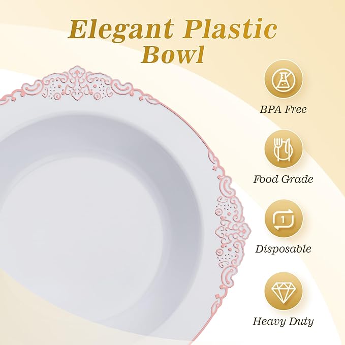 100 Pack White Plastic Bowls with Rose Gold Relief Rim, 12oz Plastic Salad Bowl, Disposable Bowls for Party, Dinners, Weddings, Christmas, Thanksgiving, Valentine's Day