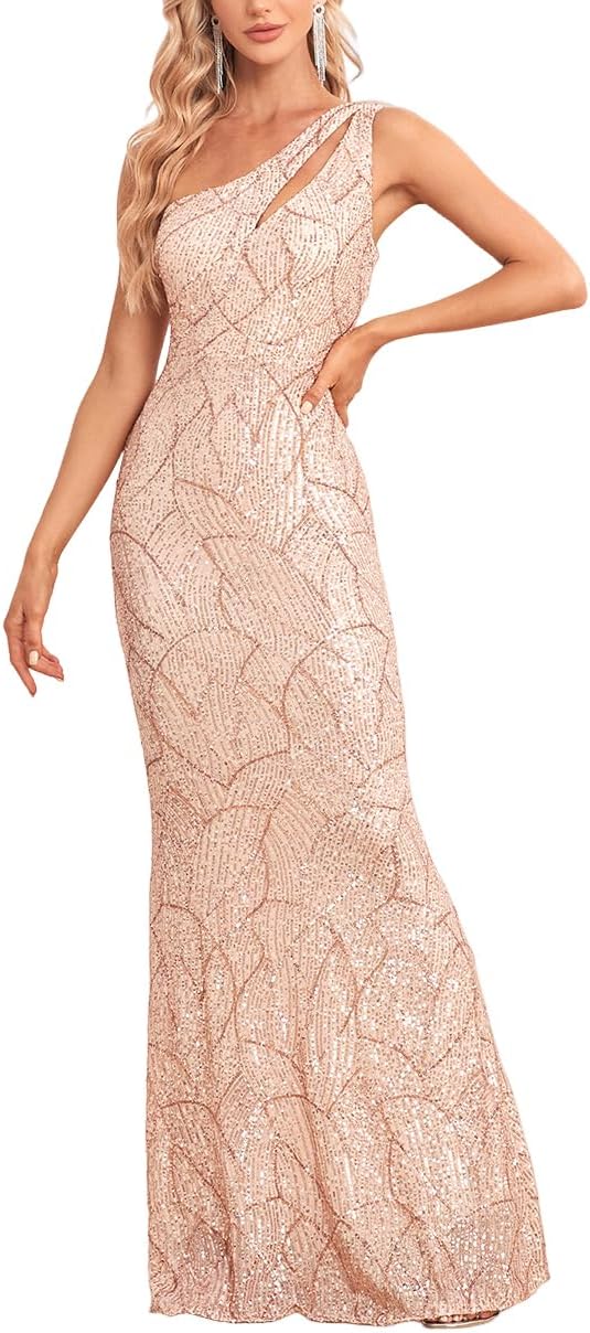 One Shoulder Formal Sequin Dress for Women Sparkly Bodycon Evening Gowns Maxi Mermaid Ball Long Dresses