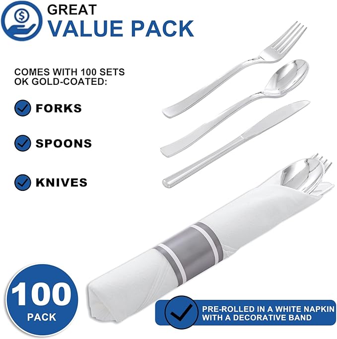 100Pack Wrapped Silver Plastic Silverware Sets - Heavy Duty Plastic Silverware Include Pre Rolled Disposable Utensils with Napkins for Parties & Dinners & Weddings