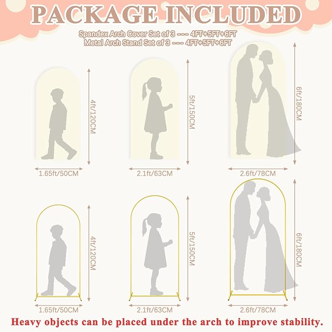 Wedding Arch Stand and Cover Set 6FT, 5FT, 4FT Metal Backdrop Stand Set of 3 with Ivory Arch Spandex Covers Balloon Arch Backdrop Stands Cover for Birthday Party Baby Shower Banquet Ceremony Decor