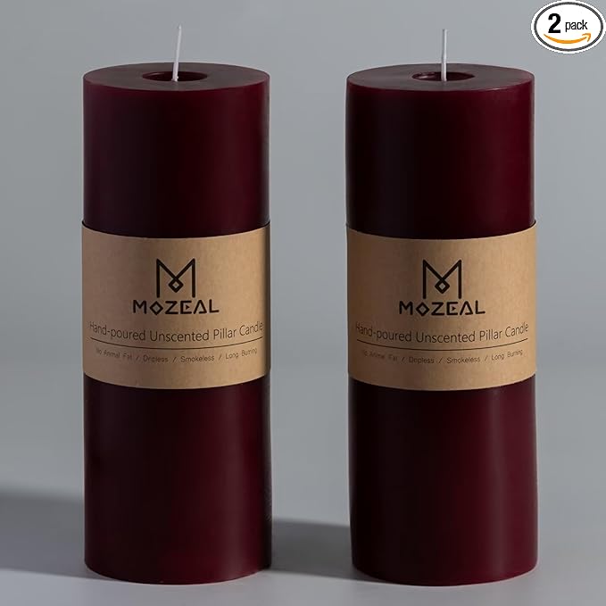 MOZEAL 4" x 10" Extra-Large Burgundy Pillar Candles (Set of 2), Unscented, Dripless, Smokeless,Long Clean-Burning, Tall 10 inch Large Burgundy Pillar Candles for Romantic Dinners and Valentine's Decor