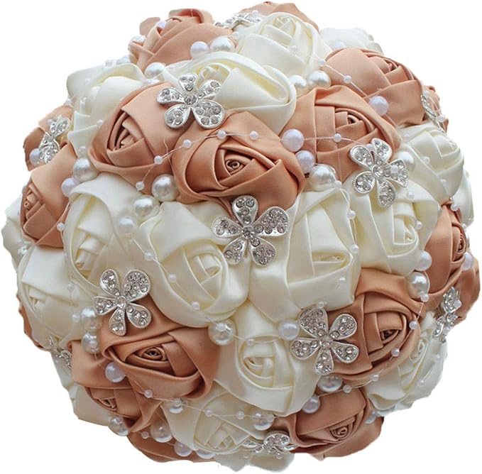 S_SSOY Hand Made Shining Crystal Rhinestones Pearl Silk Rose Bridesmaid Bridal Artificial Bouquets Customization Bride Holding Bouquet Wedding with Corsage Flower, A-018, Champagne+White