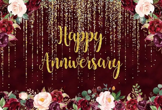 9x6ft Happy Anniversary Backdrop, Gold Glitter Burgundy Wedding Anniversary Photography Background 1st 40th 50th 66th Couple Wedding Women Birthday Floral Party Decorations Cake Table Decor