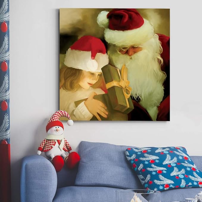Renditions Gallery A Gift from Santa Wall Art, Little Girl with Present, Winter Artwork, Holiday Decor, Red & White, Premium Gallery Wrapped Canvas, Ready to Hang, 24 in H x 24 in W, Made in America