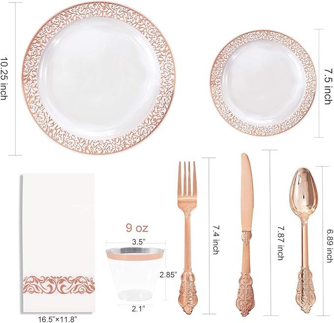 I00000 50 Guests Clear Rose Gold Plastic Plates - Disposable Dinnerware Set Includes: 100 Clear Rose Gold Plastic Plates, 150 Silverware, 50 Napkins, 50 Cups Perfect for Valentine's Day & Wedding