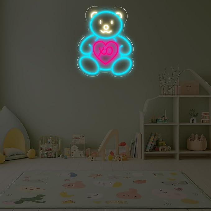 Blue Teddy Bear Neon Sign for Wall Decor, Cute XO Heart LED Neon Light for Girls’ Room & Teen Bedroom, Adorable Neon Wall Art for Valentine’s Day Gift & Cozy Bedroom Decor 15.8"x12.6"