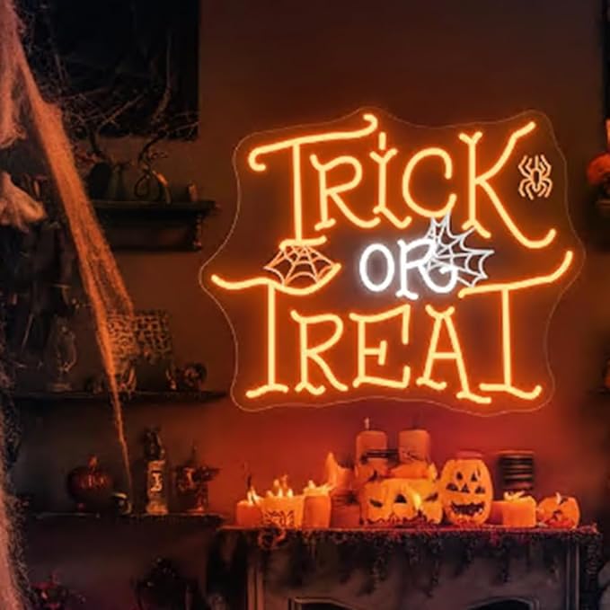 Trick Or Treat Spiderweb Neon Sign, Halloween LED Neon Light, Spooky Halloween Party Sign Size:16 x 12inches