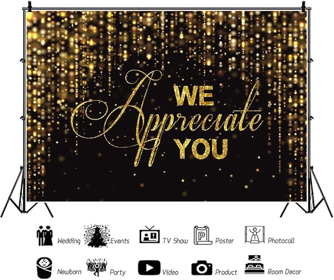 We Appreciate You Banner Backdrop 10x10ft Black Gold Employee Appreciation Decors Thank You for All You Do Background Banner Veterans Teacher Doctor Nurse Staff Appreciation Party Decorations