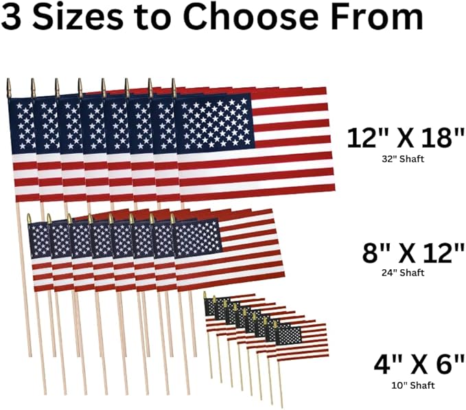 Handheld Spearhead American Flags - 12 x 18 inch. Handheld Stick Flags with SpearTop Great for Patriotic Decorations or Celebrations. Made in the USA (Qty-12)