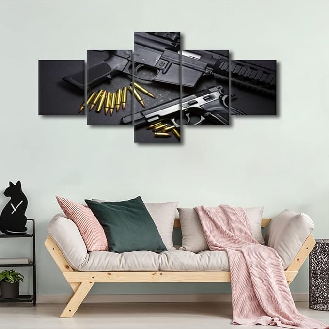 TISHIRON Living Room Wall Decor Artwork for Walls Guns with Ammunition Paintings Military Handgun Pictures Canvas 5 Piece Modern Home Decor Artwork Posters and Prints Framed Ready to Hang 50" Wx24 H