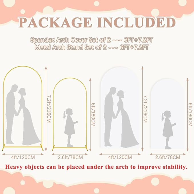 Arch Stand and Cover Set of 2 Metal Arch Backdrop Stand with White Arches Cover Spandex 7.2 and 6FT Wedding Arched Stands Backdrop for Birthday Bridal Baby Shower Celebration Party Decoration