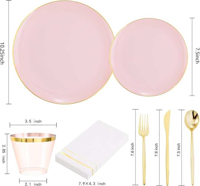 MirthMood 210PCS Pink Plastic Plates with Gold Rim – Plastic Plates Set Includes 30 Dinner,30 Dessert Plate,30 Cup&30 Napkins 90 Gold Silverware for Wedding&Birthday Parties&Valentine's Day