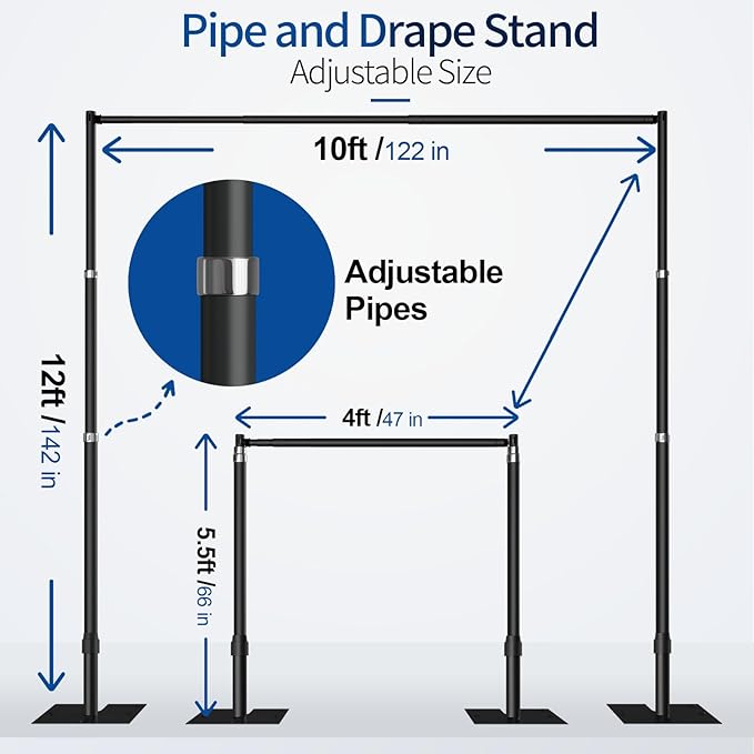 Pipe and Drape Backdrop Stand, 12x10ft Heavy Duty Adjustable Background Frame with Metal Base, Back Drop Holder for Parties Photography Wedding Photoshoot Decoration - Black