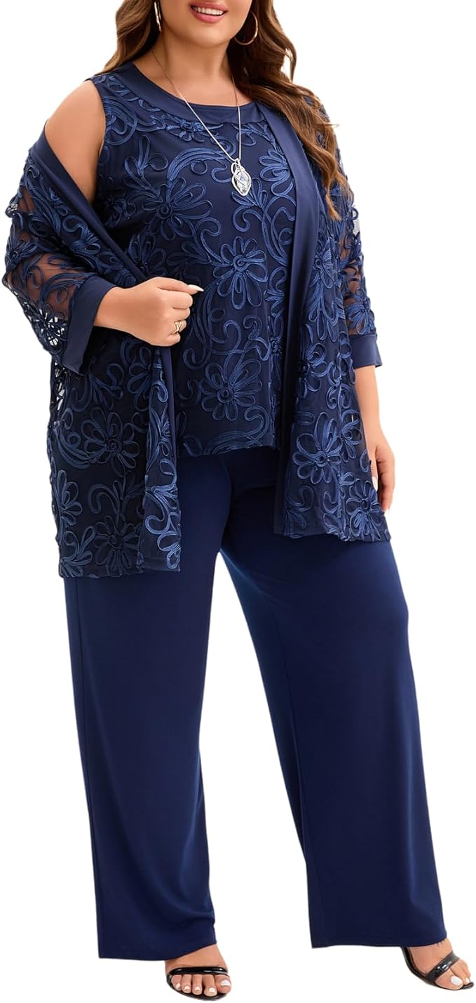 Plus Size 3 Piece Floral Embroidered Pantsuit Set Women Mother of Bride Wedding Guest Formal Evening Cocktail Party Attire