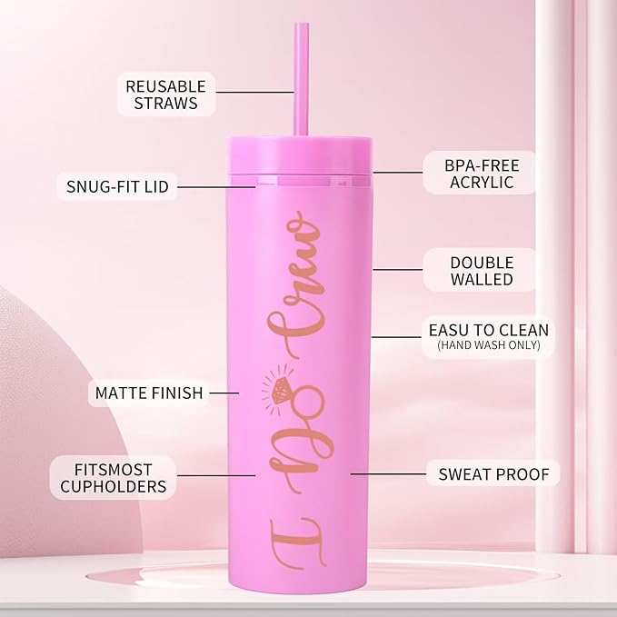 6 Pack Bride to Be Skinny Tumbler | 16 oz Bride & I Do Crew Tumblers | Bachelorette Party Cups | Engagement Wedding Gifts Bridesmaids Mugs Bachelorette Party Supplies & Games(Pink)