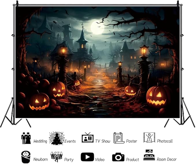 Halloween Backdrop Night Castle Tree Branch Pumpkin Backdrop for Trick or Treat Party Decorations Photography Background Studio Props 10x10ft（300x300cm）