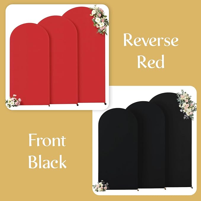 Black and Red Arch Backdrop Cover 7.2FT 6.6FT 6FT Arch Covers Stretchy Backdrop Set of 3, Wedding Arch Cover Spandex Fitted Double-Color Fabric Arch Covers for Party Baby Shower Birthday Decoration