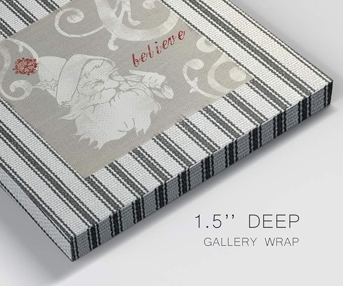 Renditions Gallery Believe Santa Claus Wall Art, Christmas & Winter Decor, Cream & Red, Striped Fabric Look, Premium Gallery Wrapped Canvas, Ready to Hang, 24 in H x 24 in W, Made in America