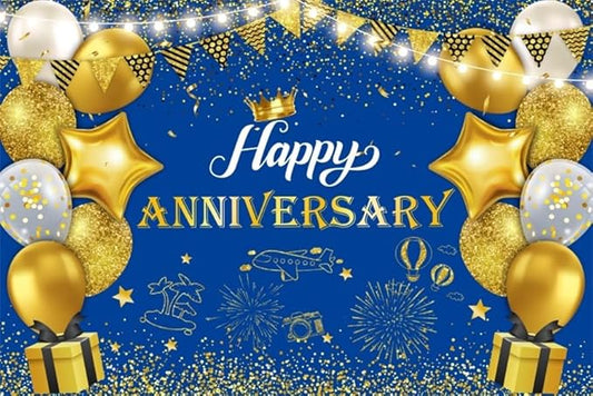 ChloropLastid Happy Anniversary Backdrop Blue Gold Anniversary Decorations for Party Banner 50th 60th Anniversary Birthday Wedding Supplies Photo Booth Props Background 8X6FT