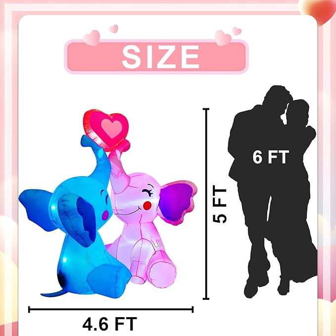 Inlflatable Valentines Decorations,Blow Up Couple's Elephant with LED Lights Outdoor Decor for Romantic Party,Wedding Anniversary, Home,Patio,Lawn Garden Yard Valentine's Decor