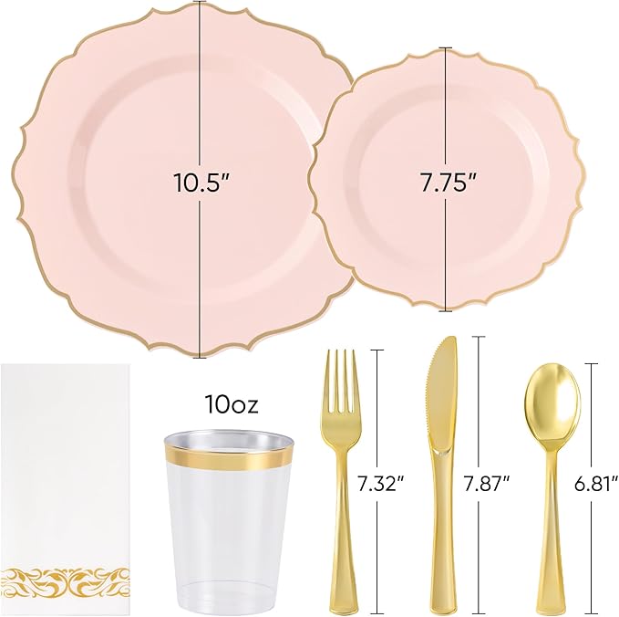 350 PCS Pink Disposable Plates, Scalloped Dinnerware Set for 50 Guests, 100 Plastic Plates, 150 Silverware, 50 Cups & 50 Paper Napkins, Pink