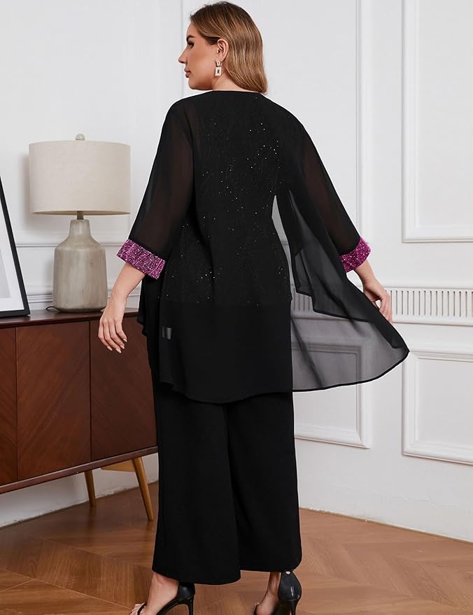 ZOMVA Plus Size 3 Piece Formal Pantsuit Sparkly Chiffon Jacket Set Dressy Outfit Mother of The Bride Groom Wedding Cocktail
