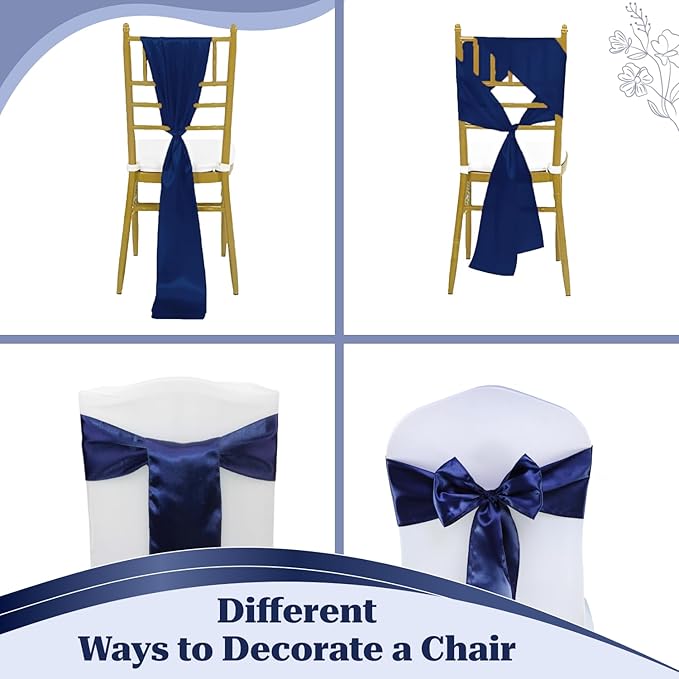 VDS Satin Chair Sashes Chair Cover Back Tie Sateen Bows Ribbon for Wedding Birthday Graduation Engagement Ceremony Event Party Banquet Venue Hotel All Dining Chair Decoration (100PC) (Navy Blue)