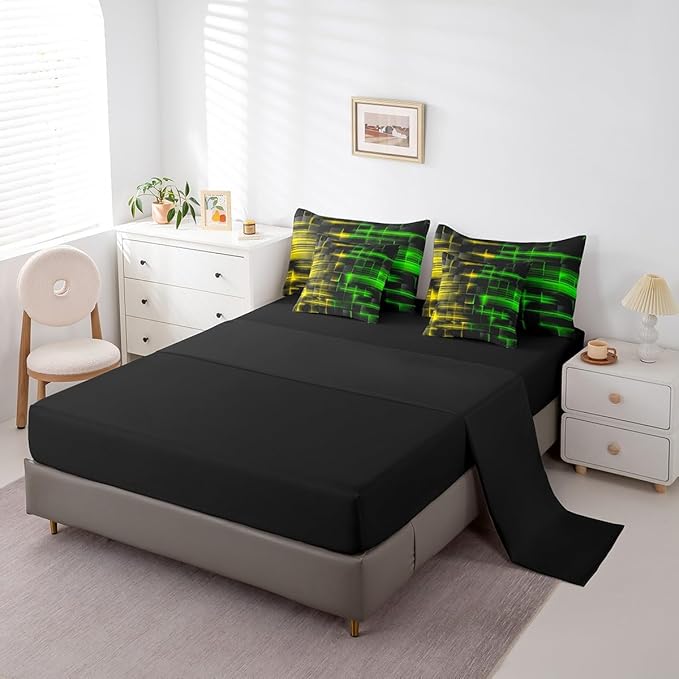 Feelyou Green and Yellow Comforter Set with Sheets 7 Piece Twin Size Kids Geometric Bed in a Bag Strip Lines Bedding Set Abstract Art Bed Set with Comforter, Sheets,Cushion Covers
