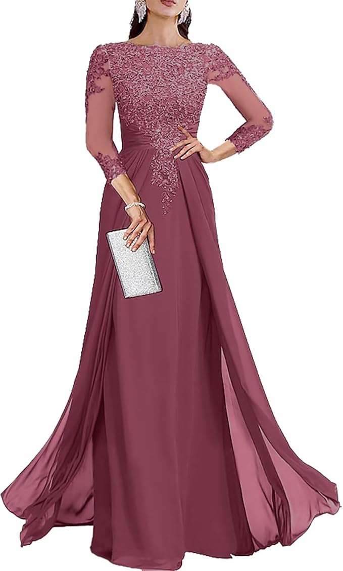 Long Sleeve Mother of The Bride Dresses for Wedding Lace Appliques Chiffon Formal Dress He6052
